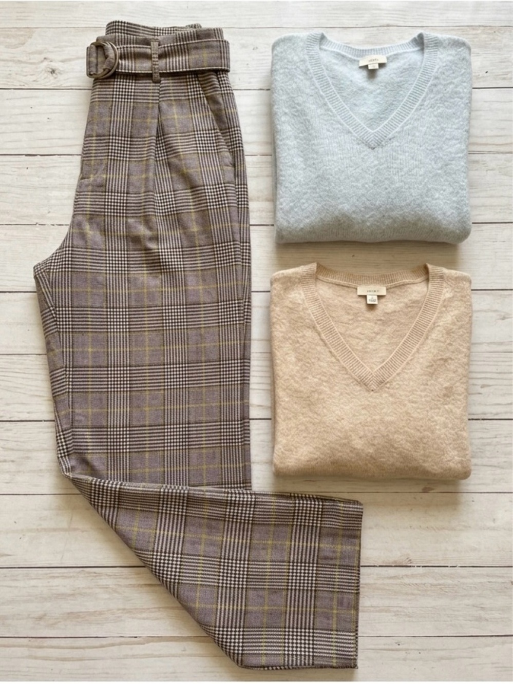Soft Aesthetic Bundle: 2 V-Neck Sweaters & Plaid Wide Leg Trousers